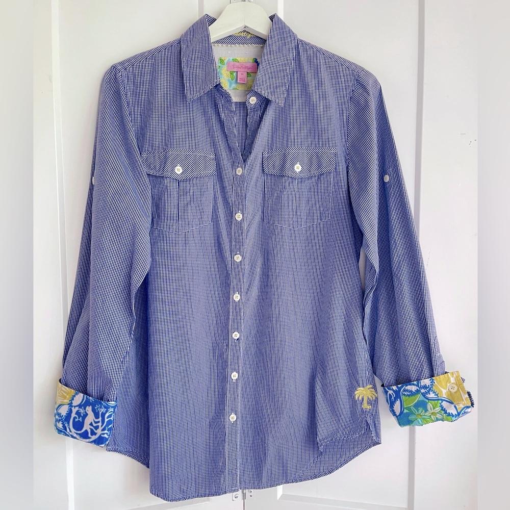 Lilly Pulitzer Women’s Sz M Blue White Gingham Button Down Resort Fit Blouse